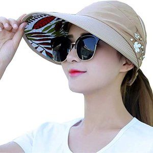 Women Sun Visor Wide Brim Foldable UV Protection Hat for ponytail or bun NWOT